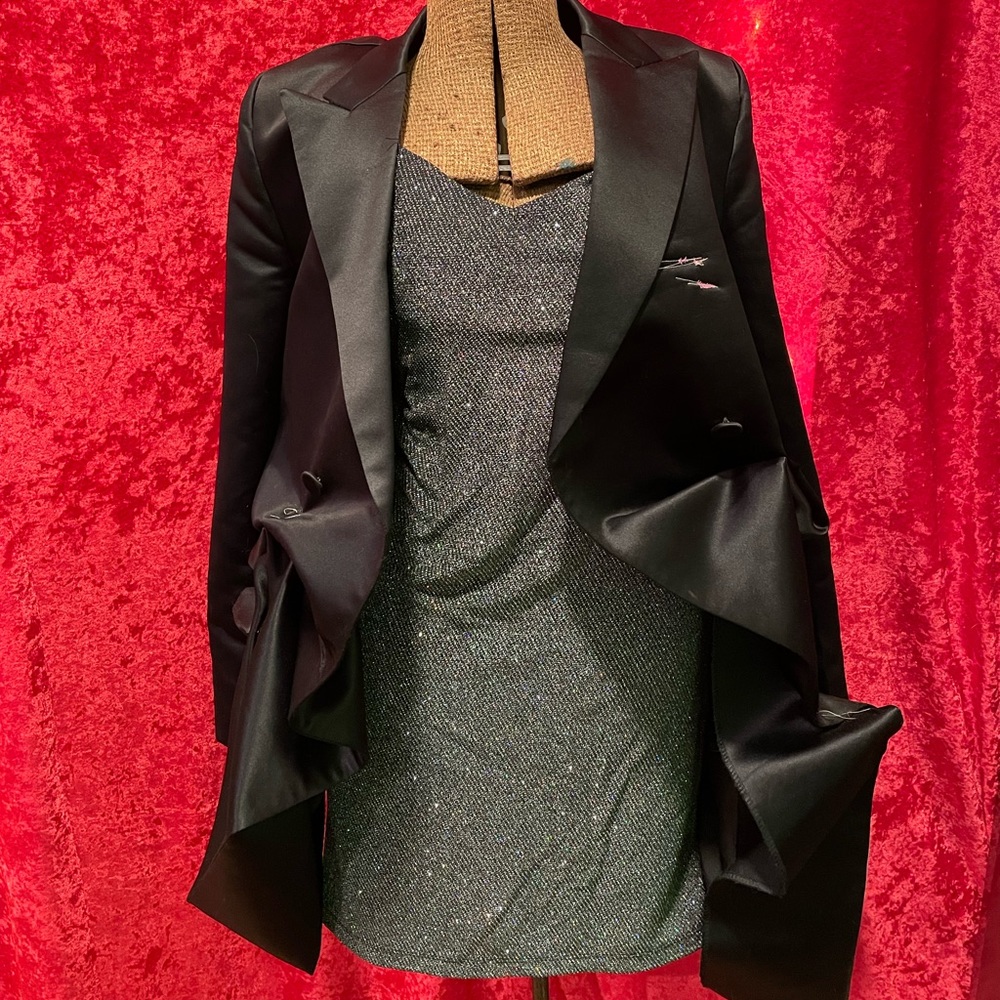 Silver and black sparkly, backless, straps mini disco dress.